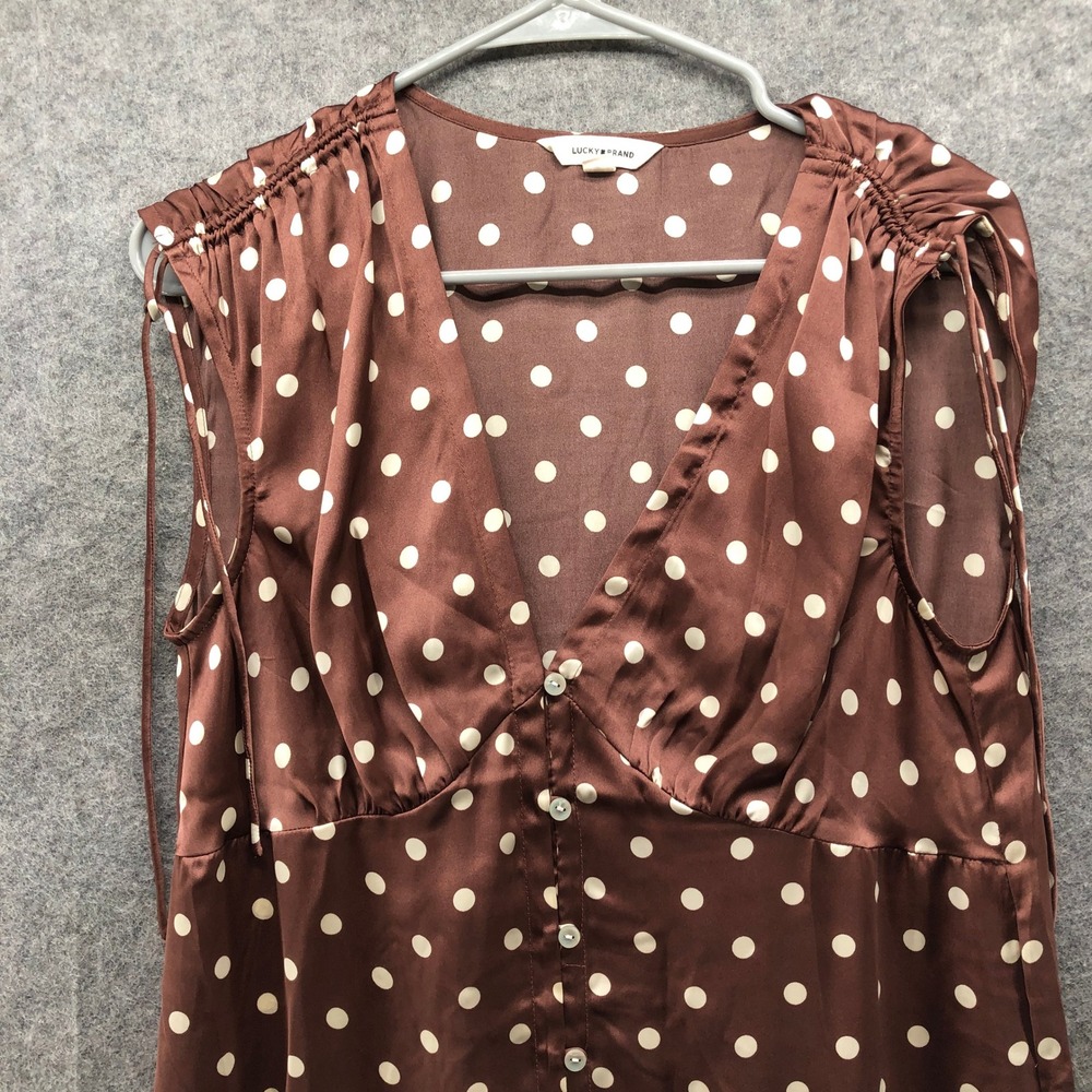 Lucky Brand Polka Dot Satin Midi Dress Womens M Brown Sleeveless V-Neck - Picture 4 of 12